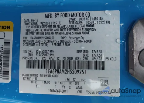 2017 Ford Mustang V6 z USA, uszkodzony, nr VIN 1FA6P8AM2H5209251